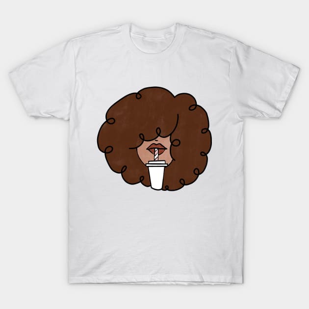 Pepette with a straw Beautiful Black Woman Drinking in a Travel Mug Cute Coffee Dates Coffee Espresso Cappuccino Latte Macchiato Coffee with Milk Cute Black Woman with Afro Hair Natural Hair Curly Hair Perfect Coffee Lover Gift for African American T-Shirt by nathalieaynie